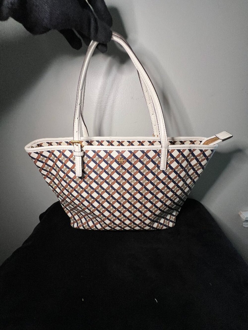 Tory Burch Printed Canvas Tote White Leather Zip Top Shoulder Bag